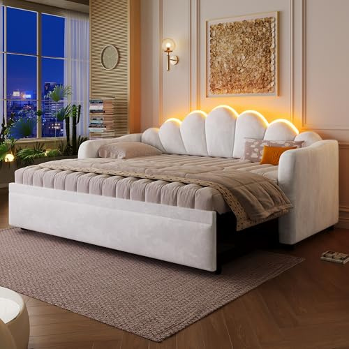 kowdom Tagesbett 90x200 cm Weiß mit Ausziehbett und LED, Polsterbett mit Stauraum, Samtbezug, multifunktionales Gästebett, ausziehbares Doppelbett für kleine Wohnungen