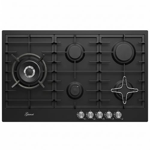 Gurari Gaskochfeld 90 cm GCH FB 905 BL • Autarkes Gas Kochfeld Schwarz Emaille • 5 Gasbrenner mit 4,0 kW WOK Brenner • DEFENDI Flat Brenner • Gusseisen Topfträger • Erdgas & Propangas