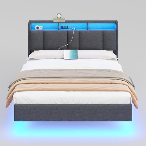 AOGLLATI Double Bed Frame 135x190 cm, 4ft6 Floating Bed, Dark Grey