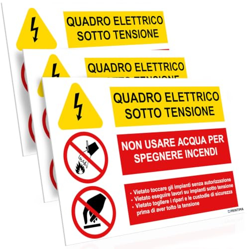 PRINTIMA 32x21 cm set 3 cartelli quadro elettrico sotto tensione, non usare acqua per spegnere incendi, segnaletica di sicurezza con set di montaggio incluso per aziende