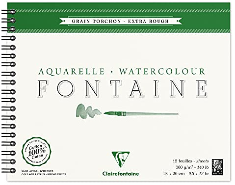 Clairefontaine 96321C Malblock, mit Doppelspirale Aquarellpapier Grobkorn-Torchon, Fontaine/Hadern, 24 x 30 cm, 12 Blatt, 300 g Packung, weiß