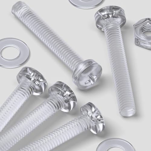 60x transparente Acryl-Linsenkopfschrauben M3 x 20mm + Muttern/U-Scheiben | Transparente Schrauben, korrosionsfrei, elektrisch isolierend und nicht magnetisch, mit Kreuzschlitz