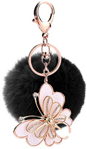 Schlüsselanhänger plüsch Ball Taschenanhänger Strass bommel Keychain Elegant Plüsch-Kugel Auto-Anhänger Pompom Weich Schlüsselring Schmetterling mit Strass Perle Geburtstagsgeschenk (Schwarz)