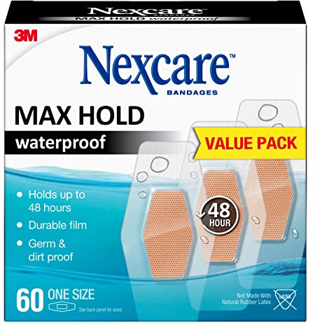 Nexcare Max Hold Waterproof Bandages, Stays On for 48 Hours, Flexible Bandages for Fingers, Knees and Heels - 60 Pack Clear Waterproof Bandages