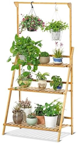 Greensen Soporte para Flores de Madera, Estantería para Plantas Plegable, Escalera Plantas 3 Niveles Estanterias Decorativas para Balcón Jardín 68,5 x 40 x 144 cm