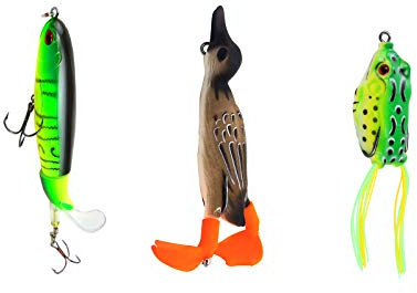 Angelköder Set, 3 Stück Gemischte Wobbler: 3D Suicide Duck Ente, 3D Topwater Frosch, Kunstköder für Süß- und Salzwasserfischen, Inklusive Transparenter Box