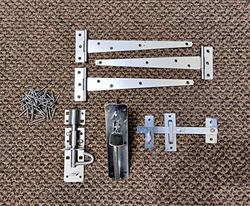 Gate Fitting Kit 10 250mm Heavy Duty Tee Hinges (3), Suffolk Latch and Brenton Bolt Lock Wooden Garden Gate Set Zinc- Ideal for Garden Gate, Shed Doors & Barn Doors, Supplied with All The fixings