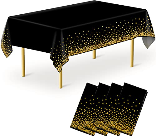 MOKANI Set med 4 rektangulära engångsdukar i plast, 137 x 274 cm (52 x 108 tum), rektangulära engångsdukar i plast, konfetti, svart guld för jul, picknick, bröllop, födelsedagsfester