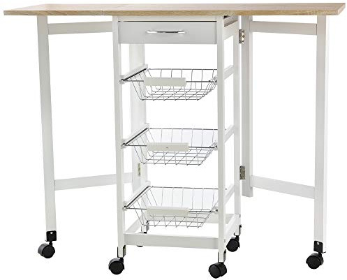 HOMCOM Küchenwagen faltbar Rollwagen Servierwagen Schublade mit 3 Körben 6 Universal-Rollen für Küchen Natur+Weiß 97,2 x 37 x 77,5 cm