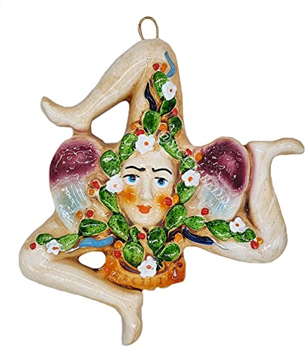 sicilia bedda - Trinacria Siciliana in Ceramica - Varie Decorazioni - Prodotto Artigianale con gangio da Parete (12 CM, Ficodindia)