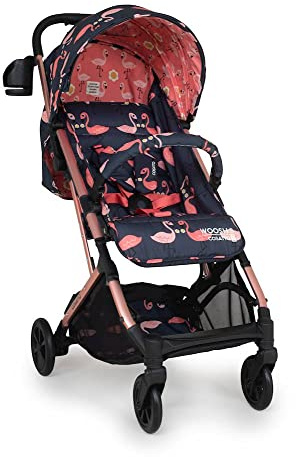 COSATTO Woosh 3 Pushchair – Lightweight Stroller Birth to 25kg - One Hand Easy Fold, Compact, Telescopic Handle, Extra Large Shopping Basket, Cup Holder, Bumper Bar & Raincover (Pretty Flamingo)