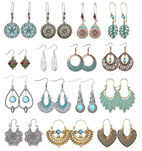 JeweBella 8-15 Paar Boho Ohrringe Hängend Ohrringe Set für Damen Mädchen Bohemian Hängeohrringe Vintage Lange Baumeln Ohrringe Blumen Blatt Türkis Ohrringe Vintage Boho Ethno Schmuck Geschenk