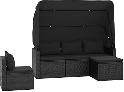vidaXL Garten Sofagarnitur 4-TLG., Sitzgruppe mit Kissen, Lounge Sofa mit faltbarem Dach, Gartengarnitur Gartenmöbel, Schwarz Poly Rattan