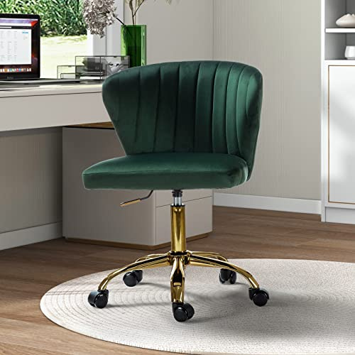 FABRICATION HAUS Velvet Desk Chair with Adjustable Height and Wheels, Green | Swivel Vanity Chair with Gold Base and Smooth Casters, Small Office Chair Dressing Table Chair for Home Office or Bedroom
