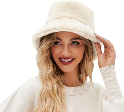 Winter Fuzzy Eimer Hut für Frauen Winter Eimerhüte Warm Weich Winterhut Kunstpelz Flauschige Fischerhut Wintermütze Bucket Hat Warme Fischerhüte für Freizeithut Damenhut Damenmütze Plüsch Bucket Hat