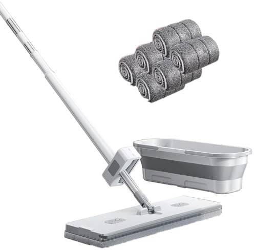 DFANCE Grande serpillère Plate,Balai Plat Lavage Sol avec 2/4/6/8 Tampons Microfibre et Seau,Ensemble de vadrouille à Joint pivotant à 360°,Utilisation Humide Sèche,6PCS Cloths