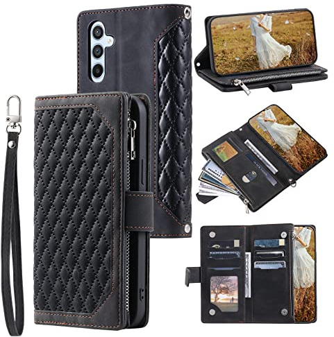 QLTYPRI Schutzhülle für Samsung Galaxy A55 5G, luxuriös, gestepptes PU-Leder, Brieftaschen-Schutzhülle mit Kartenfächern für Damen, magnetischer Reißverschluss, Handschlaufe, Ständer, stoßfest