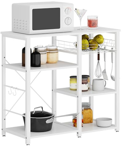 SDHYL Etagères de Cuisine Polyvalent avec Plan de Travail Meuble Rangement Desserte de Cuisine avec Panier de Rangement pour Fruits, Rangement pour Micro-Ondes, Four, Outils de Cuisine, Blanc