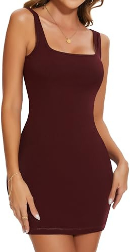 SHAPERIN Bodycon klänning dam fyrkantig hals miniklänningar kort ärmlös fest ärmlös tankklänning, Bourgogne, M