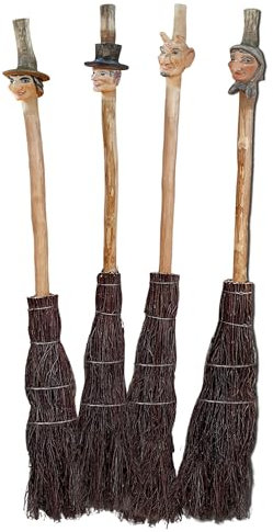 Handgefertigte Reisigbesen, Hexenbesen mit handgeschnitzten Köpfen von Hexen, Schornsteinfeger, Teufel 130-160 cm