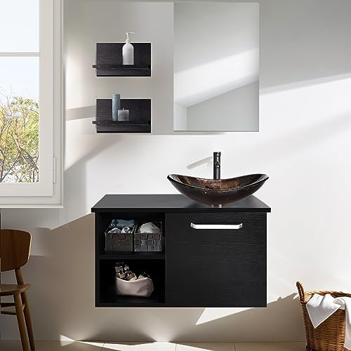 ZealWe Badmöbel Set Waschbecken Waschtisch mit Unterschrank Waschbeckenunterschrank und Spiegel, Badezimmermöbel mit Badezimmerschrank hängend, Wandregal, Aufsatz-Waschbecken(Schwarz Gold)