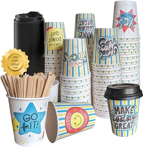 Easy Drinkz hot cold fresh and tasty Lot de 100 gobelets à café jetables en carton pour café, thé, eau 200 ml (lot de 100 avec couvercles et palettes)