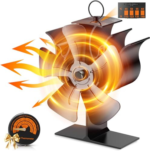 UNISOPH Ventilatore Per Stufa a Legna, Ventola Stufa Legna con 5 Pale, Senza Elettricità Alimentato Silenzioso Calore Ventola, Ventilatore Camino Stufa per Legna e Camino Pellet con Termometro