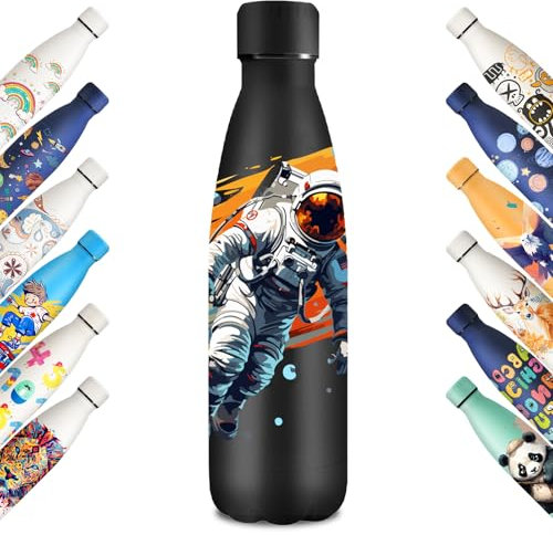 KollyKolla Thermoskanne 500ml, Thermosflasche mit Muster, Kohlensäure Geeignet, Vakuum Edelstahl Trinkflasche, Isolierflasche BPA-Frei, Wasserflasche für Sprudel, Schule, Outdoor, Astronaut-Schwarz