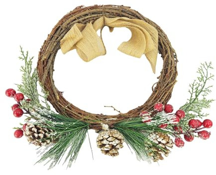Weihnachtskranz aus Holz, für Treppen und Türen, 30 cm, mit Tannenzweigen, Tannenzapfen und roten Beeren