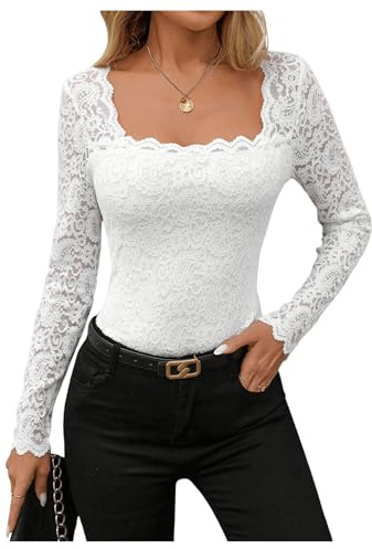 GORGLITTER Damen Spitzen Bluse Elegant Oberteil Langarm Trachten Spitzenshirt Vintage Spitzenbluse Eng Langarmshirt Party Tunika Casualshirt Weiß L