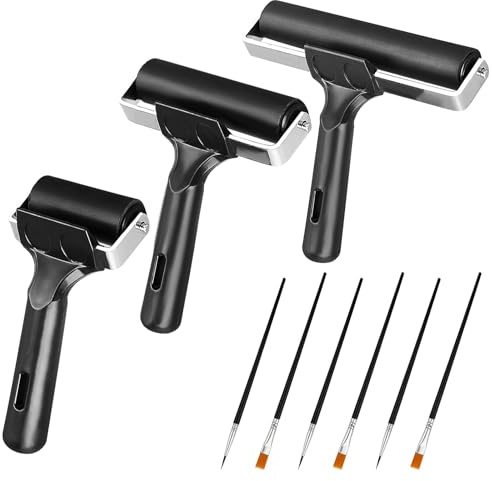 Friendship 3 Packs Brayer Rollers (6 cm,10 cm and 15 cm) Rubber Roller with 6 Packs Paintbrushes for Art Rubbings Crafts Ink Printmaking Wallpaper Scrapbooks Painting Tool