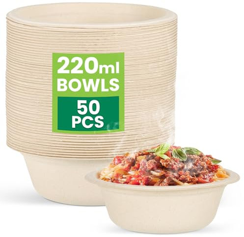 Hejo 220ML Cuencos de Papel, 50 Piezas Cuencos de Caña de Azúcar, Platos, Tazón de Papel, Tazón de Sopa Perfecto, Vajilla para Fiestas, Bodas, Picnics