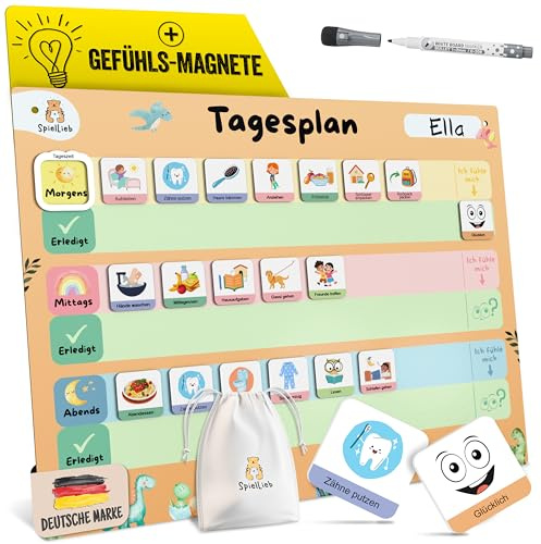 SpielLieb® Montessori Tagesplaner Kinder Routine – Magnettafel 166 Magnete, beschreib- & abwischbar Tagesplan Kinder Lernhilfe für mehr Struktur Routine Planer Kinder - Tagesplaner Kinder