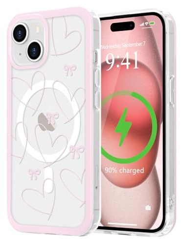 LCHULLE Cover per iPhone 15 Magnetica Trasparente,Cuore cavo | Compatibile con MagSafe,Custodia con Motivo Fragole o Fiocchi a Farfalla per Ragazze e Donne,Protettiva Silicone Case
