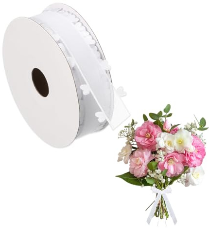 WUSJCOF 25mm x 18m Herzen Organzaband Geschenkband Tüllband Schleifenband Dekoband für Hochzeit, Auto, Tischdeko, Zimmerdeko, um Antennenschleifen und Autoschleifen zu Machen (Weiß)