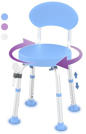 Fvzzin Swivel Shower Chair, 360° Non-Slip Shower Seat with Backrest for Elderly and Disabled, Height Adjustable Rotating Tub Bench for Seniors Bathroom Inside Shower with Compact Frame (Blue)