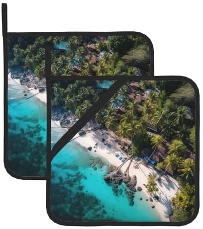 Set di presine resistenti al calore con stampa spiaggia bianca per pentole da cucina per forno cottura barbecue