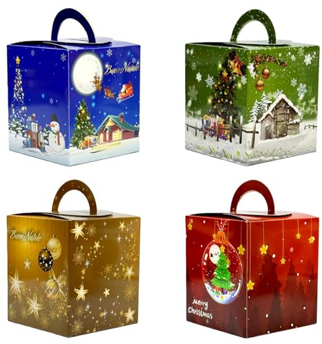 Festa Centro 24 Pz Scatola Natalizie,10.3 x 9 x 9 Cm Manico 6pz per 4 Disegni, Scatole Regalo Natalizie in Cartone Quadrato Natale 3D Scatole per Dolci Caramelle Scatola per Dolci Natale