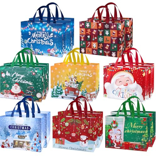 Weihnachtliche Geschenktüten mit Griffen, 16 Stück große wiederverwendbare Weihnachtstragetaschen, Vlies-Weihnachtstüten zum Verpacken von Weihnachts- und Neujahrs-Partygeschenken, 32,5 × 25 × 17 cm
