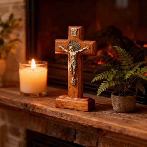 Small Wooden Crucifix for Wall or Table - 2-Way Catholic Standing Cross with Detailed Jesus Figure, Religious Home Altar Decor, Prayer Devotion Gift