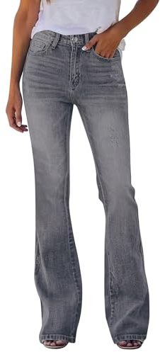 Jean pour femme - Jambes larges - Stretch - Taille haute - Évasé - Rétro - Mode - Pantalon en denim délavé - Coupe ajustée - Élastique - Confortable - Coupe bootcut - Streetwear, Cendre claire, XS