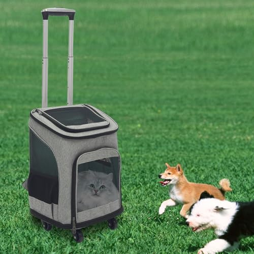 Apriltop Große Kapazität Haustier Rucksack, Hunderucksack bis 7,5 Kg, Katzen Trolley mit 4 Rollen bis 9 Kg, Teleskopstange und Vierseitiges Netzdesign, für Reisen, Wandern, Camping (Grau)