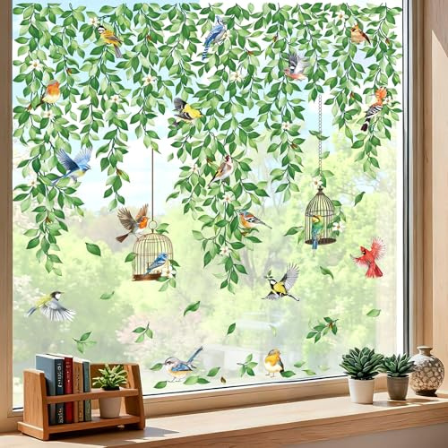 decalmile Pegatinas de Ventana Primavera Hojas Vid Colgantes Plantas Flor | Anticolisión Calcomanías Estáticas, Vinilos para Ventanas, Impresión a Doble Cara, Impermeable, Reutilizables, Removible