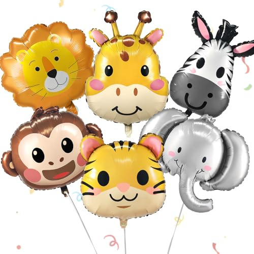 PtyPop Große Folienballon Tiere Dschungel Ballons Kindergeburtstag Deko | mit Löwe Tiger Elefant Zebra Geburtstag Luftballon, Safari Animals Party Deko für Baby Shower Geburtstagsdeko Junge Mädchen