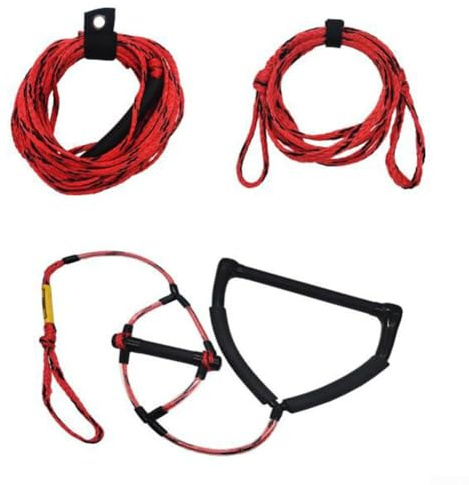 Cuerda de esquí acuático de 75 pies con asas de 15 y 6.3 pulgadas para tubos, cuerda de remolque de 4 secciones, resistencia a la tracción, cuerda flotante de núcleo de polipropileno para deportes