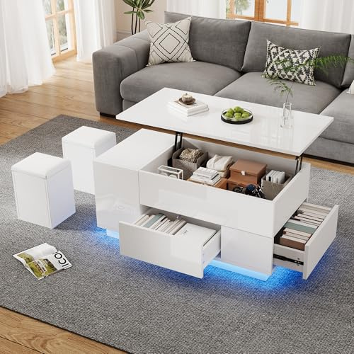 Bladez 4-in-1 Lift-Top Wohnzimmertisch höhenverstellbar Couchtisch mit LED & Stauraum, Hochglanz Sofatisch mit 2 Schubladen, 2 Hockern, verstecktem Stauraum, multifunktionaler Kaffeetisch in Weiß