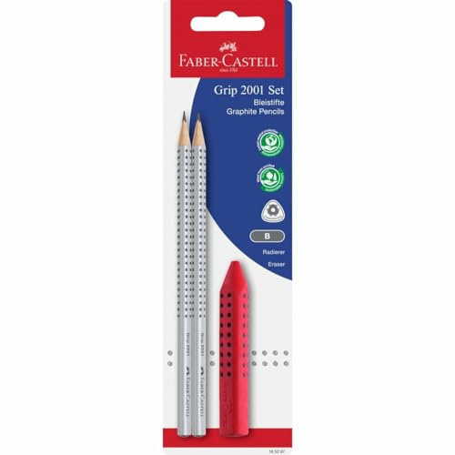 FABER-CASTELL - Bleistifte Set Grip 2001 3-teilig | Schreibset mit 2 Grip Bleistiften Härtegrad B und Radiergummi für Schule, Büro und Alltag