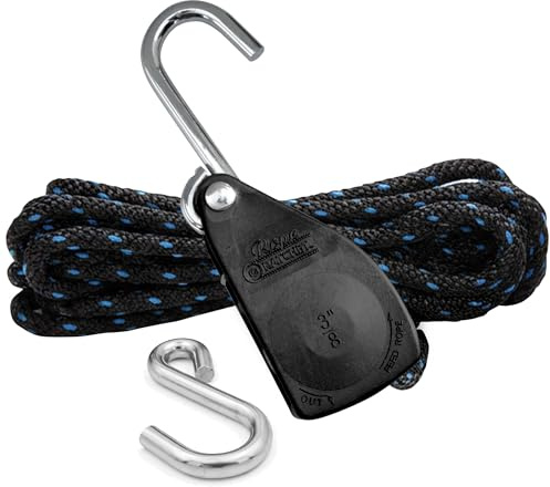 Rope Ratchet 3/8 Block and Tackle Pulley System - 250 lb Capacity Adjustable Hoist for Lifting Gear, Outdoor Utility Rig for Elevating Tensioning Securing Equipment, 15' Braided Polypropylene Rope