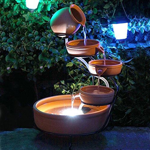 Aqua Moda Solar Water Feature Terracotta Cascade Water Feature With Solar LED Lights, Brown