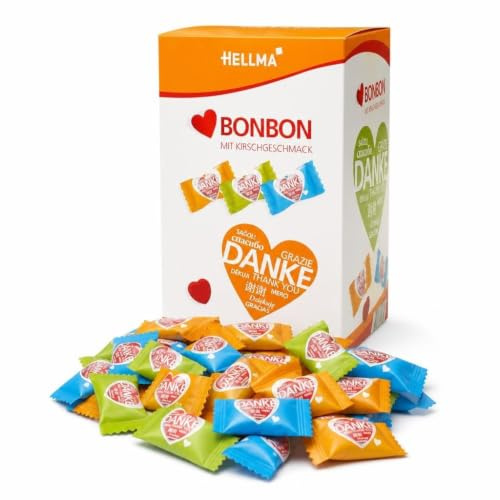 HELLMA Herzbonbons 200 Päckchen – einzeln verpackte Bonbon-Päckchen mit Kirschgeschmack & Danke-Aufdruck, portionierte Gastgeschenke für Hotel, Büro & Gastronomie